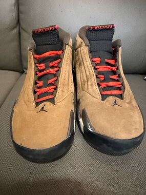 Jordan Men's Tan Suede Sneakers with Red Laces